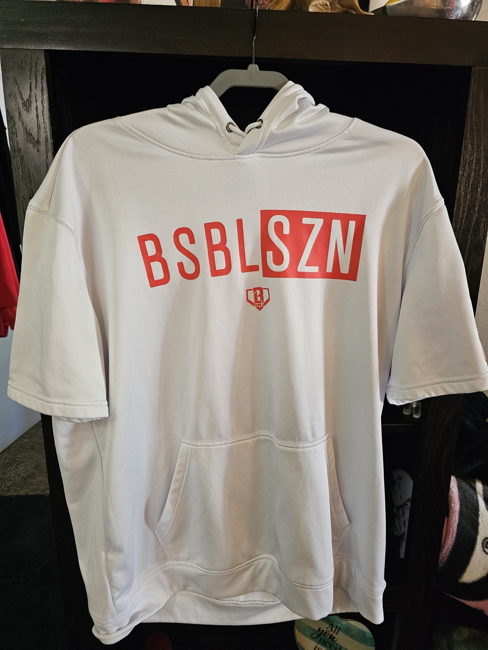 BSBL SZN Men's White Short-Sleeve Hoodie with Red Logo